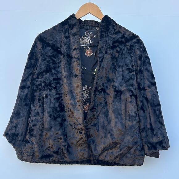 Vintage Y2K Reversible Asian Faux Fur Jacket Black Brown Boxy Funky Small - Picture 3 of 9